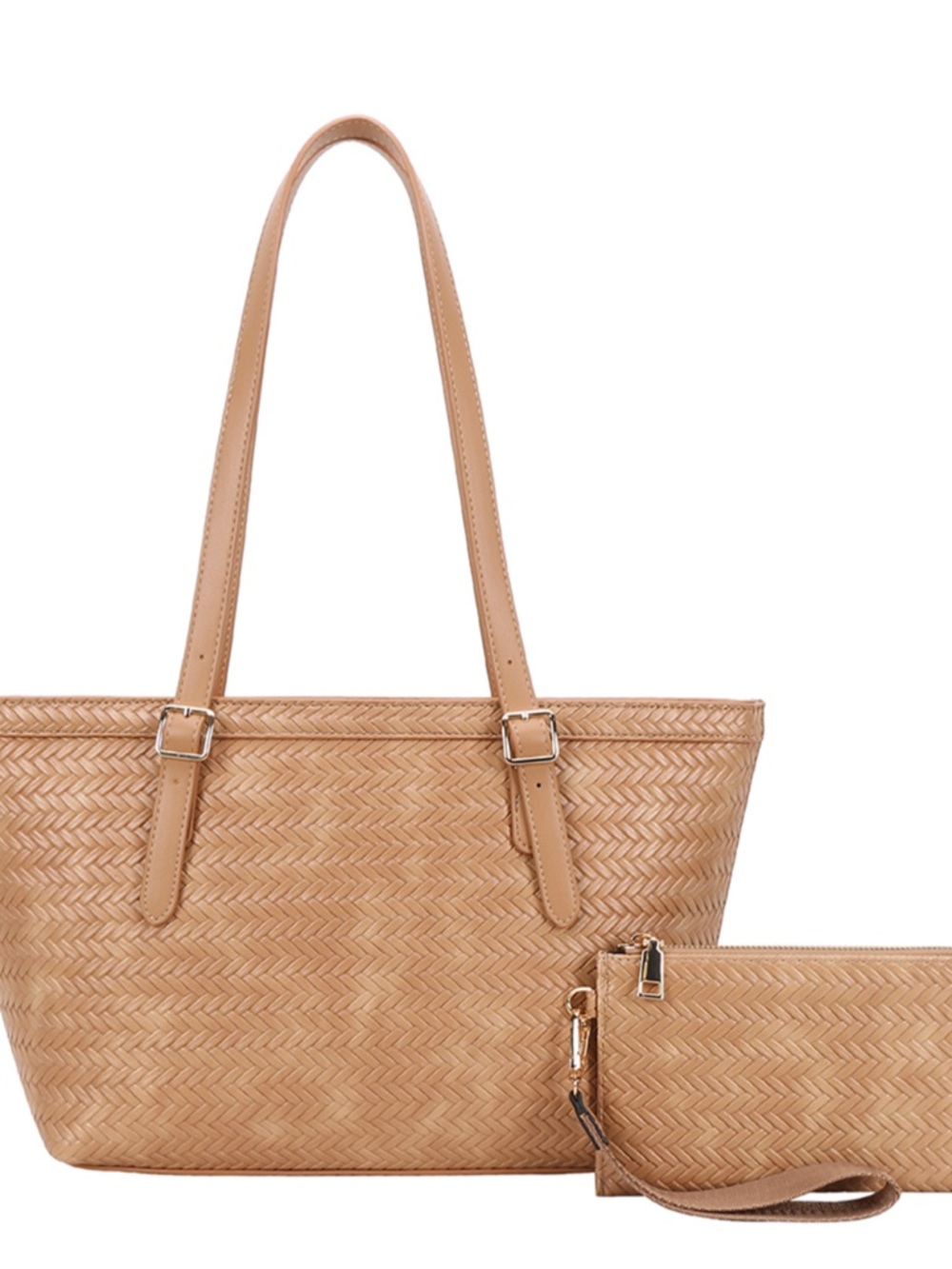 Tan Woven Tote Bag with Wristlet - Fashionable Everyday Carry 2 in 1